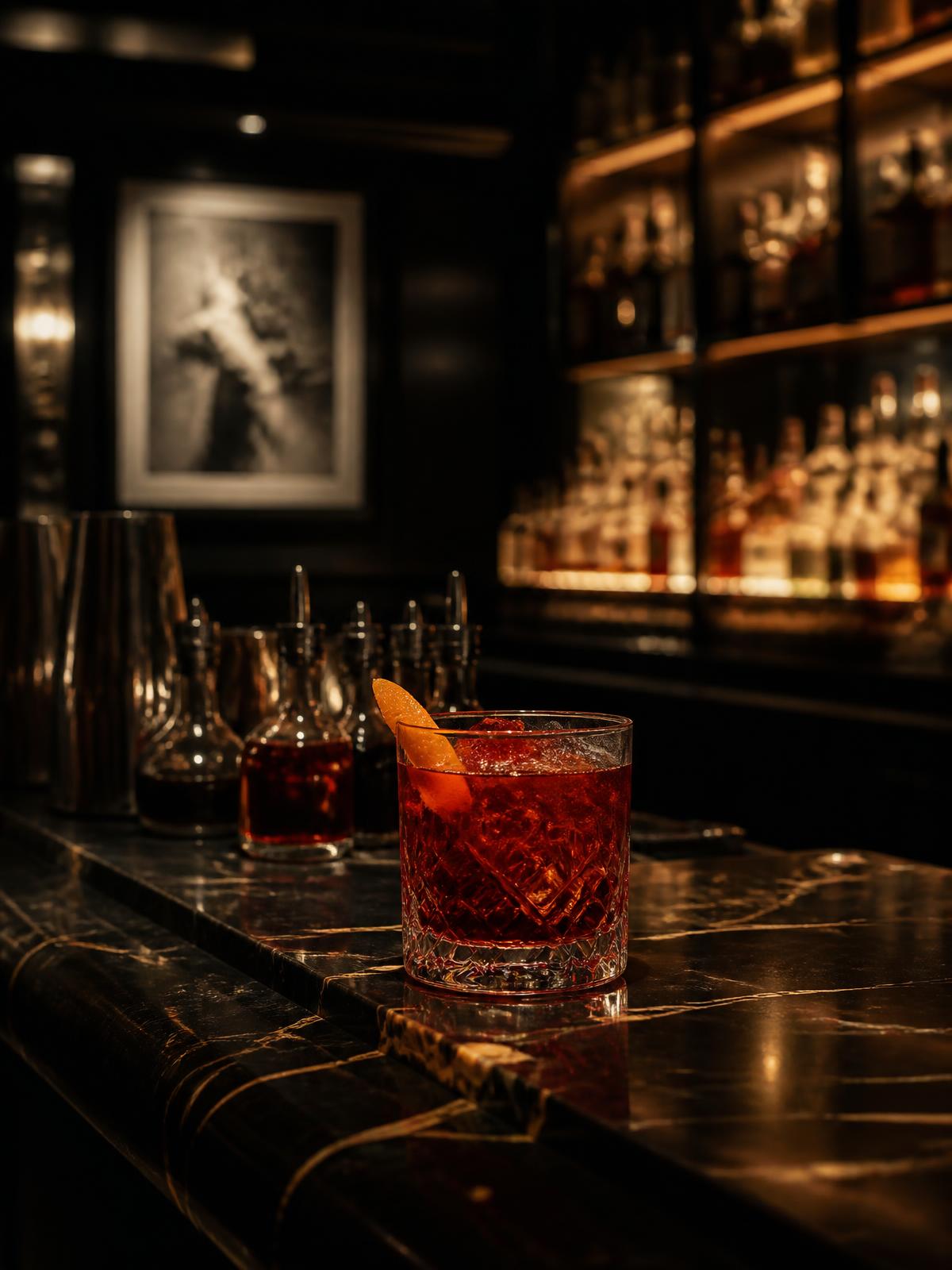 A perfectly poured negroni on a dark marble bar with soft amber backlighting