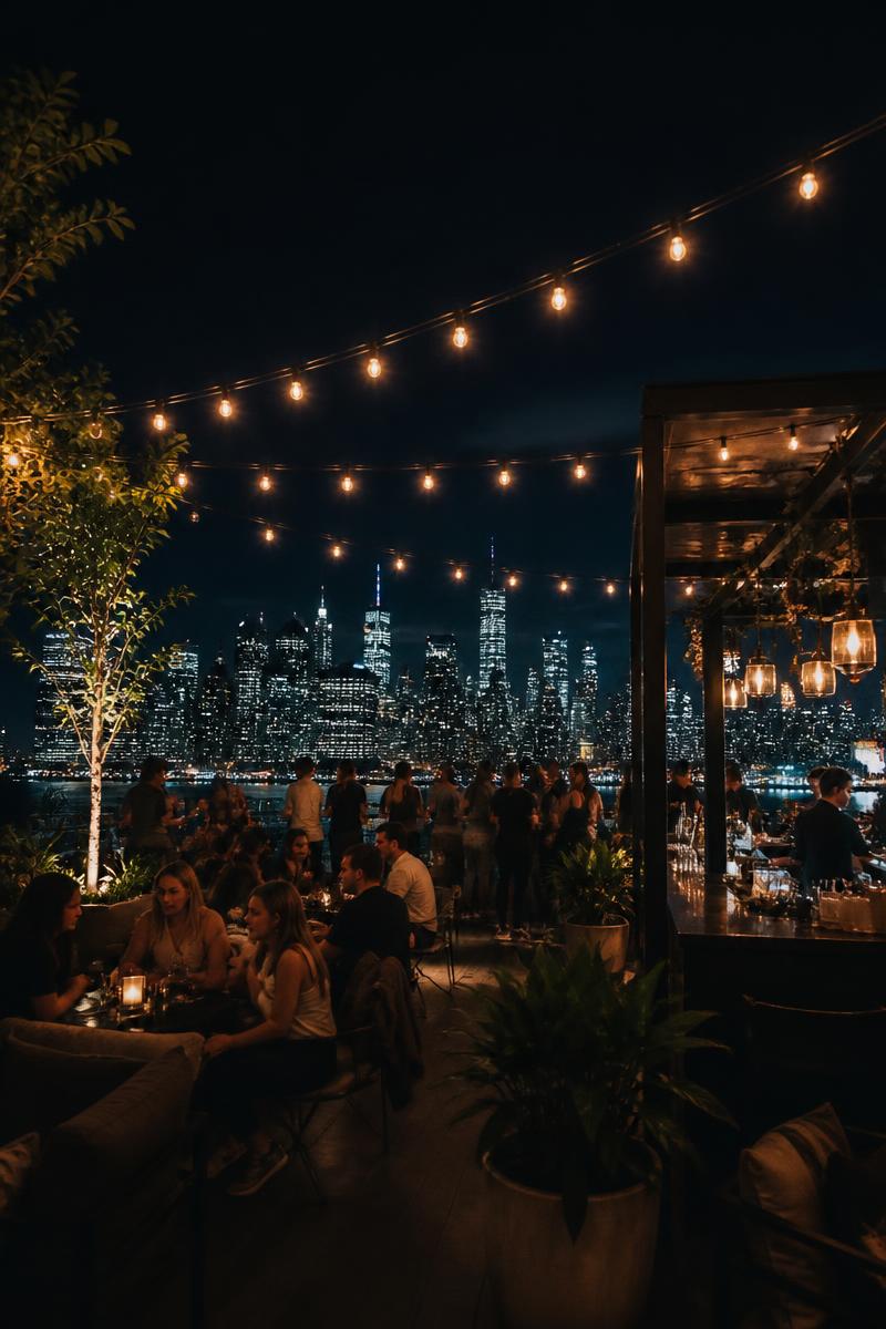 Rooftop bar at night overlooking a cityscape with warm string lights