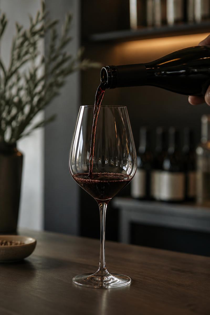 Wine glass being poured in a minimalist, modern wine bar