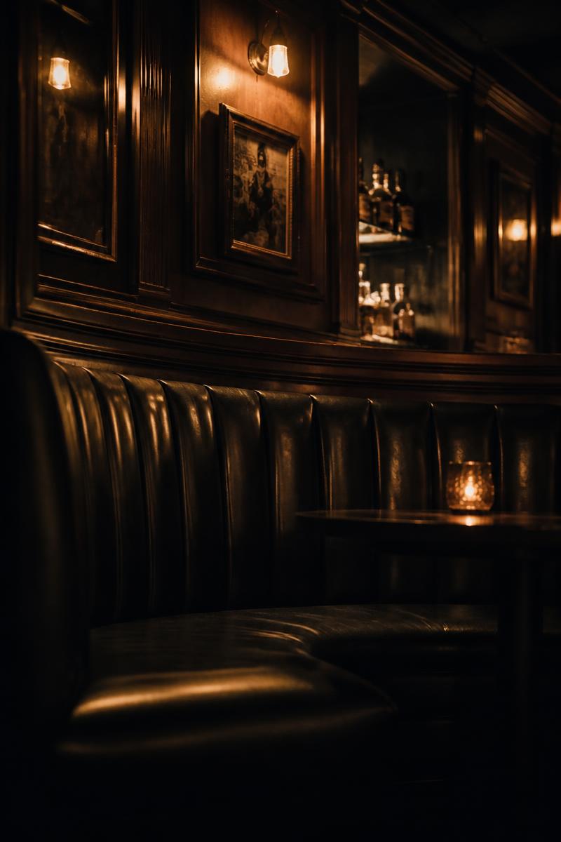 Dark leather booth in a wood-paneled speakeasy bar with deep shadows